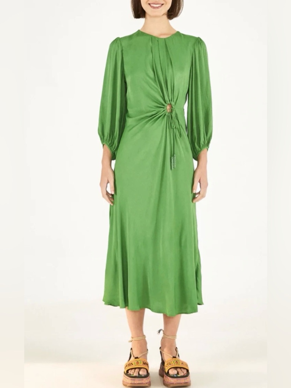 FARM Rio Green Midi Dress with Knot Detail